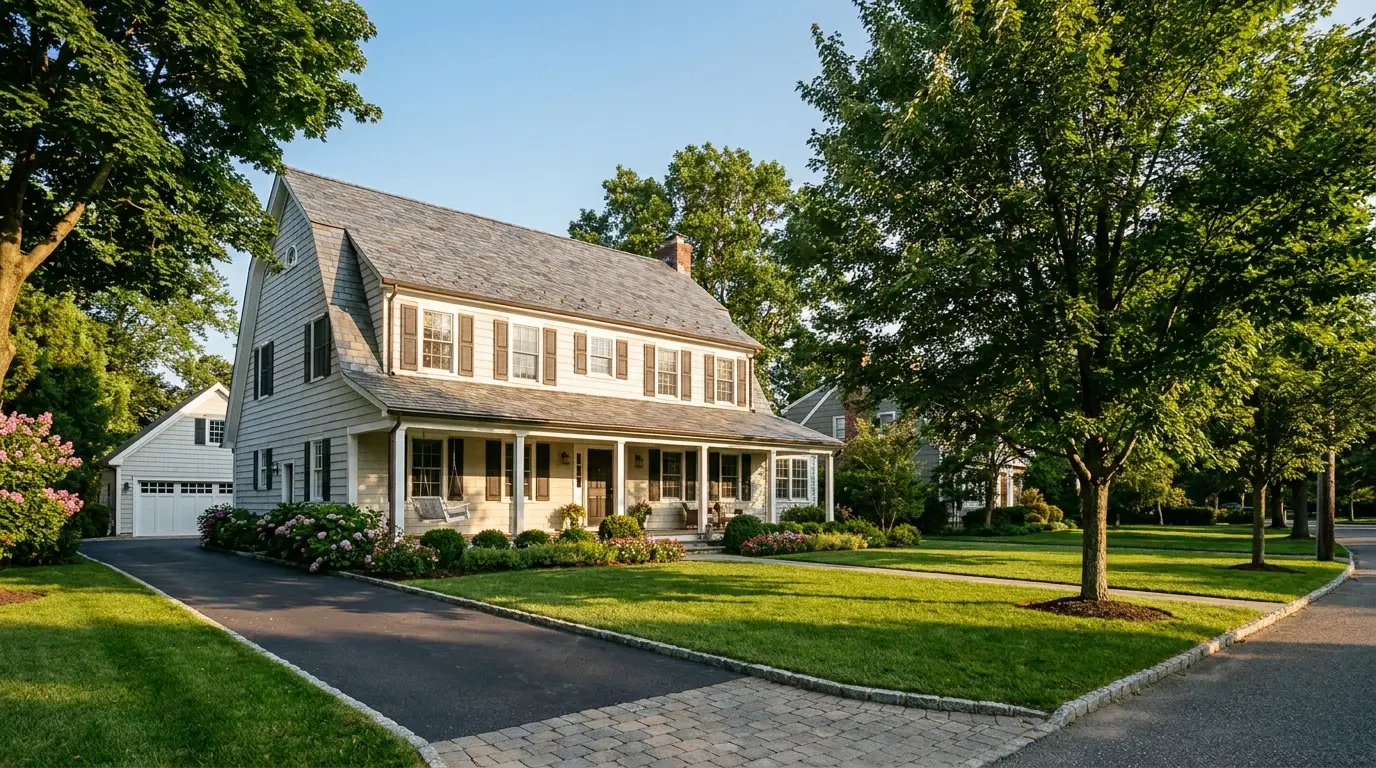 A classic tree-lined Long Island suburban neighborhood